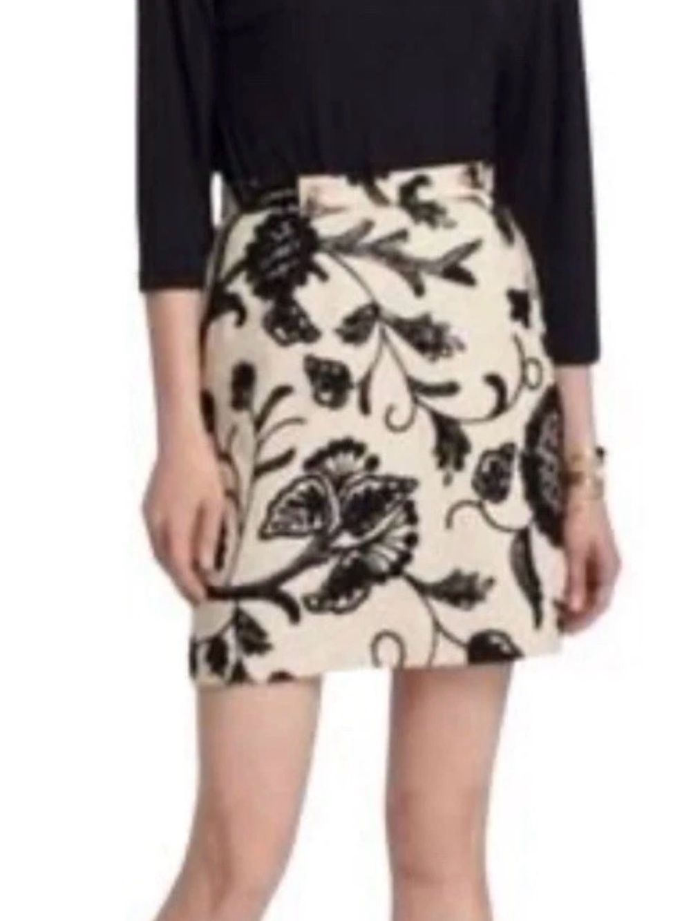 Anthropologie Vanessa Virginia Cream Mini Skirt with Black Floral Jacquard